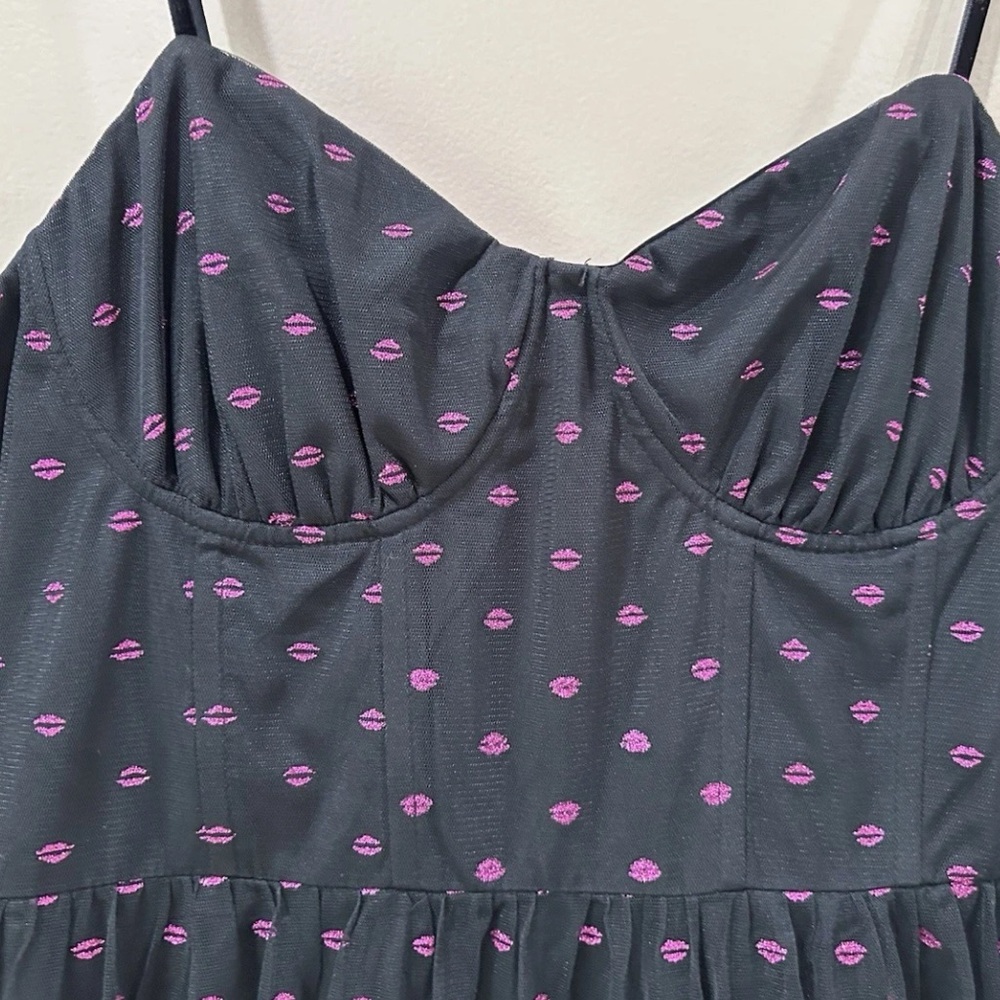 NWT Betsey Johnson Midi Dress Women 10 Black Foil Lip Print Tulle Bustier - Picture 4 of 8